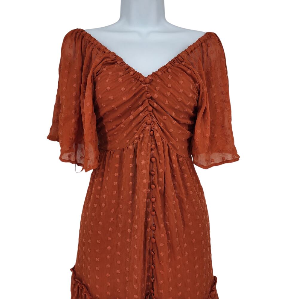 Anthropologie Ruched Ruffle Orange Swiss Dot Cutout Button Maxi Dress Size XS - Picture 2 of 8